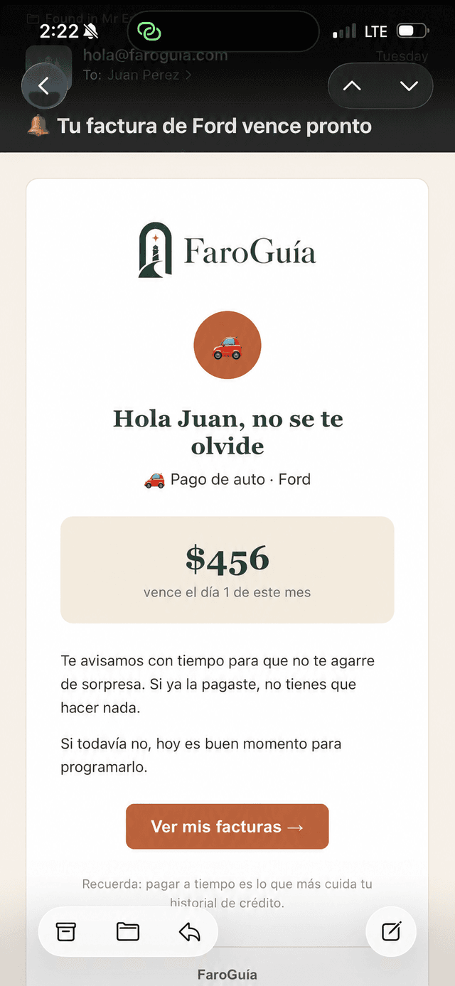 Correo de recordatorio de factura de Ford con monto y fecha