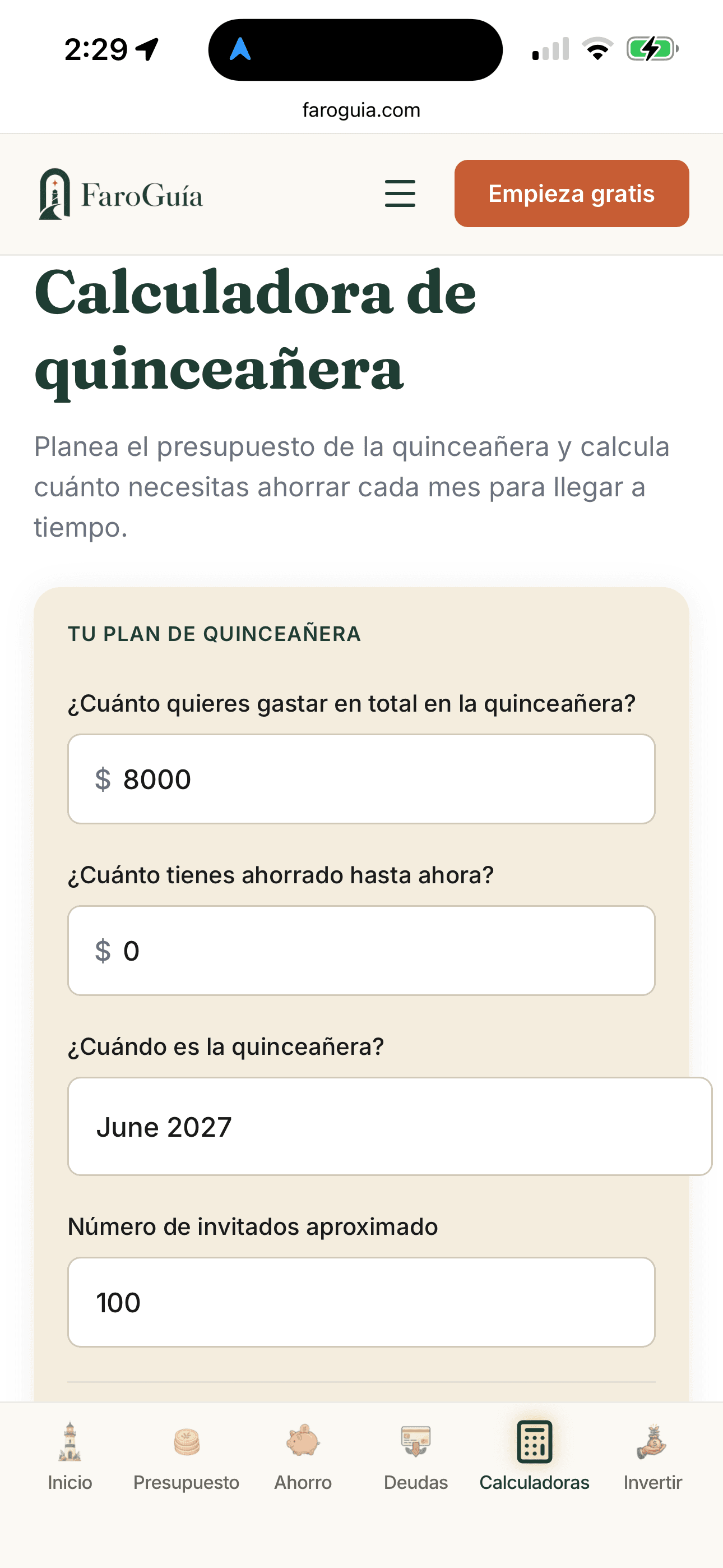 Ingresas presupuesto y fecha